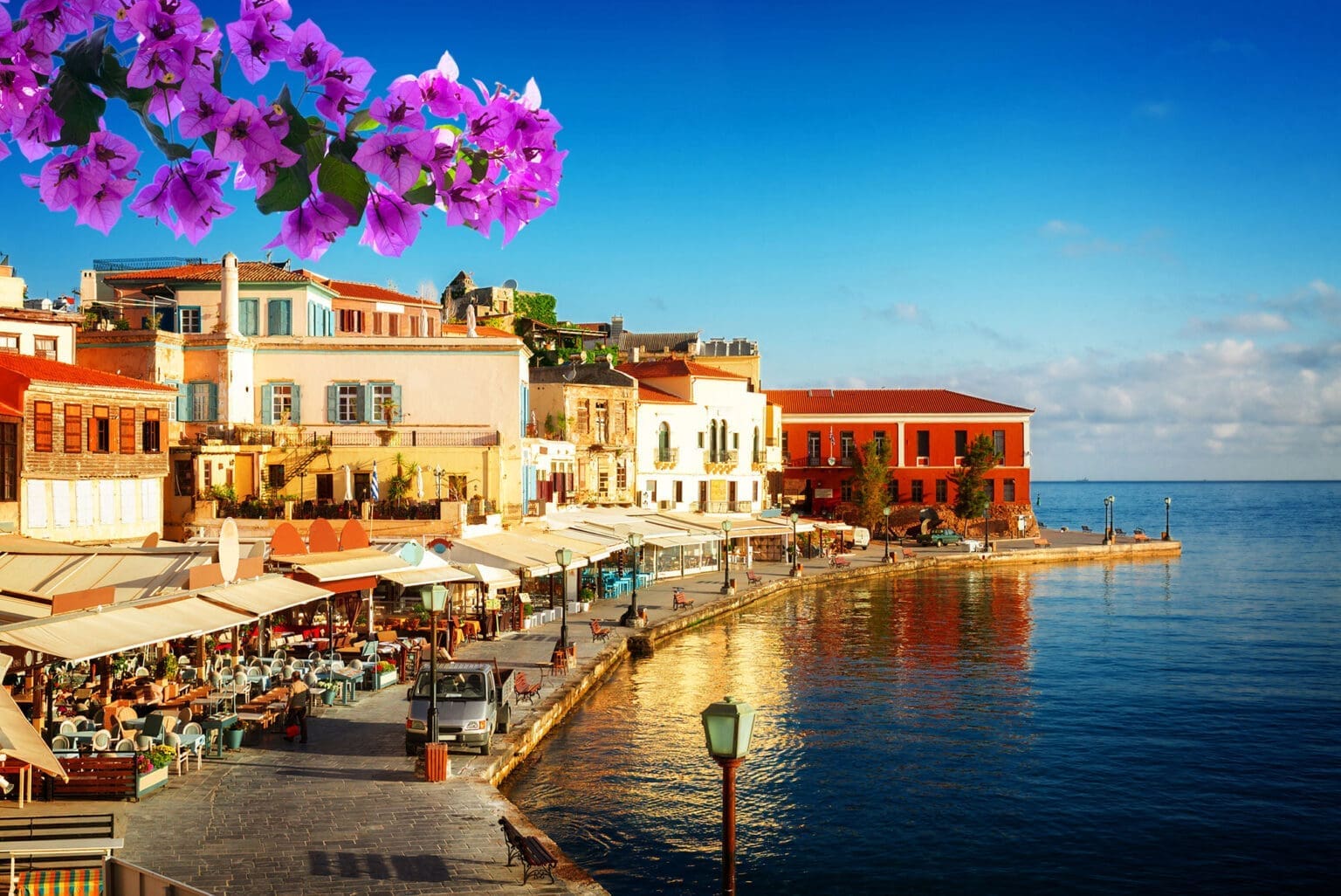 Chania Greece Venetian Harbor lined with cafes, small hotels and the Maritime Museum
